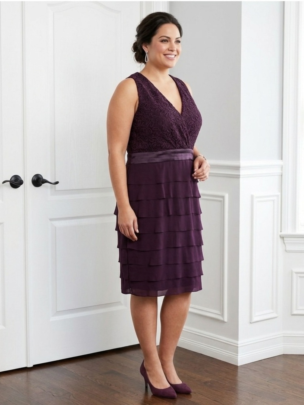 Jones Wear Plum Lace Bodice Tiered Chiffon Midi Dress